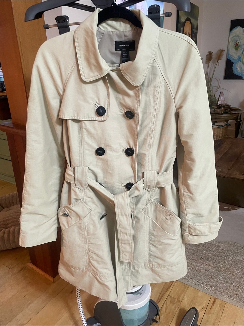 Mango Cream Double-Breasted Trench with Belted Waist